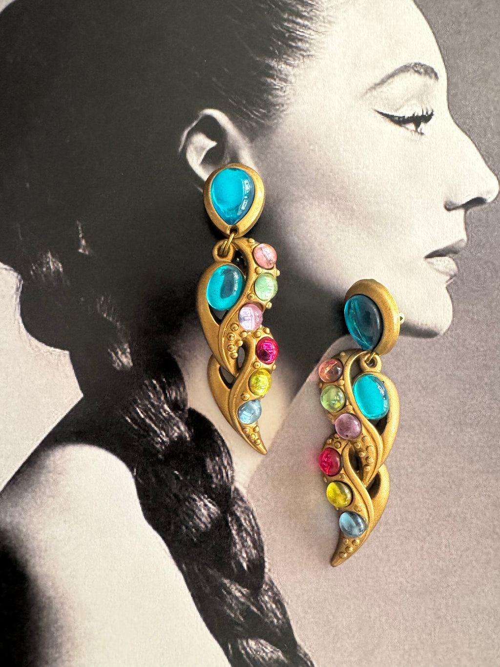 Vintage Colorful Cabochon Drop Earrings