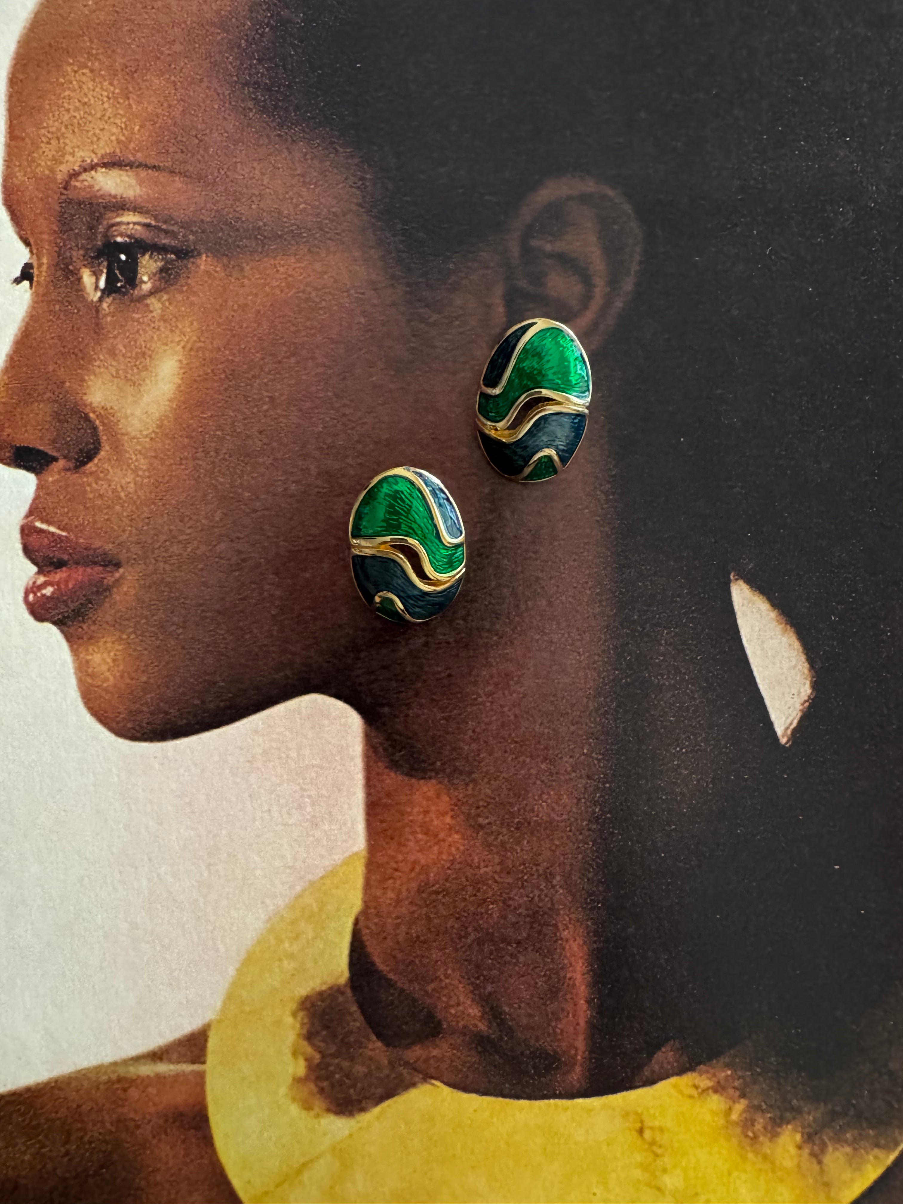 Vintage Green Enamel Abstract Clip Earrings