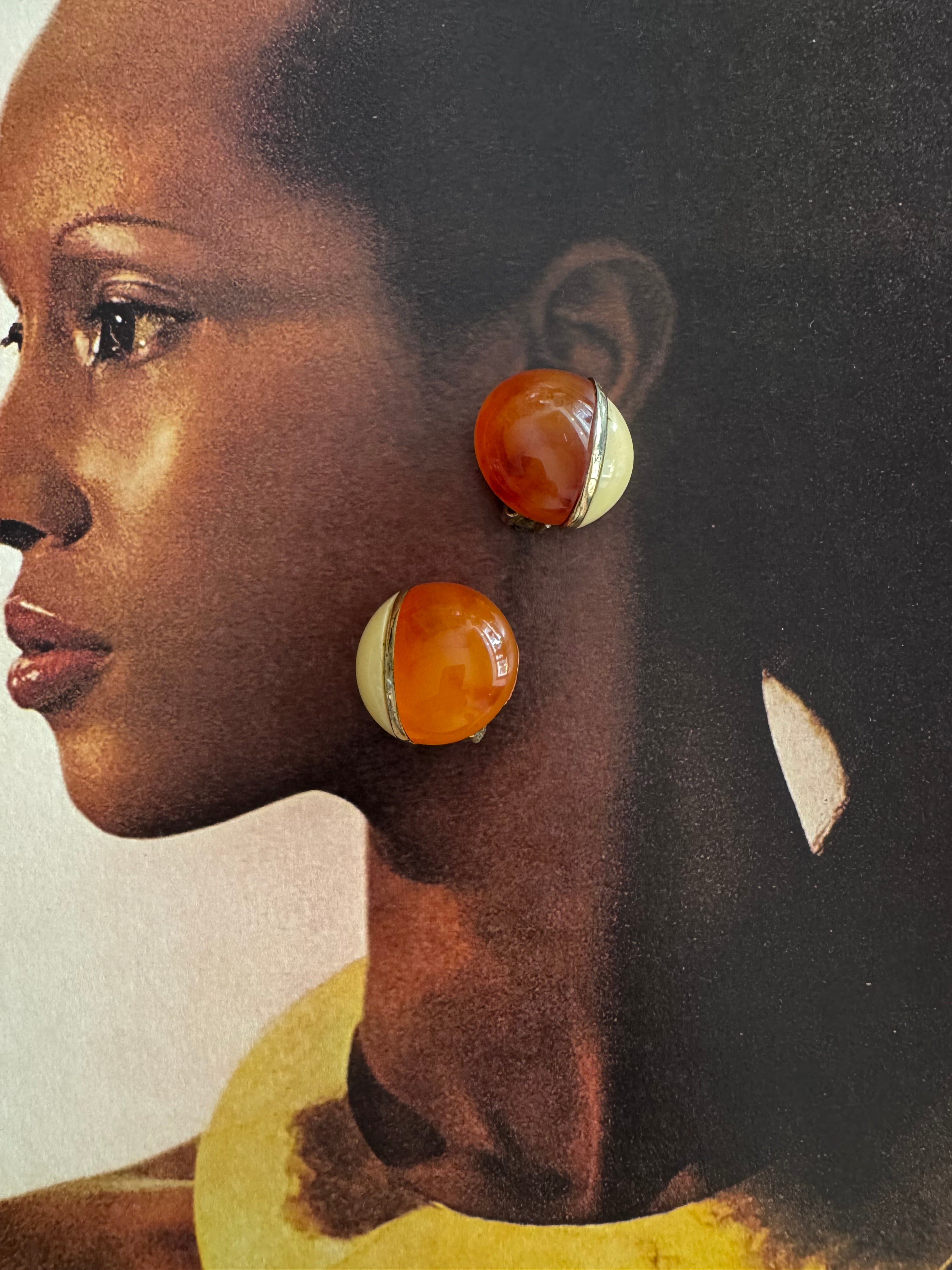 Vintage Orena Paris Amber Cabochon Earrings