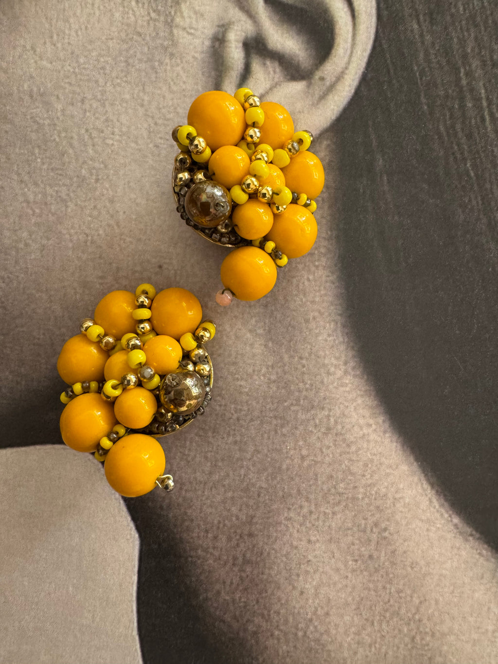 Vintage Yellow Beaded Cluster Clip Earrings