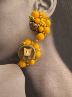 Vintage Yellow Beaded Cluster Clip Earrings