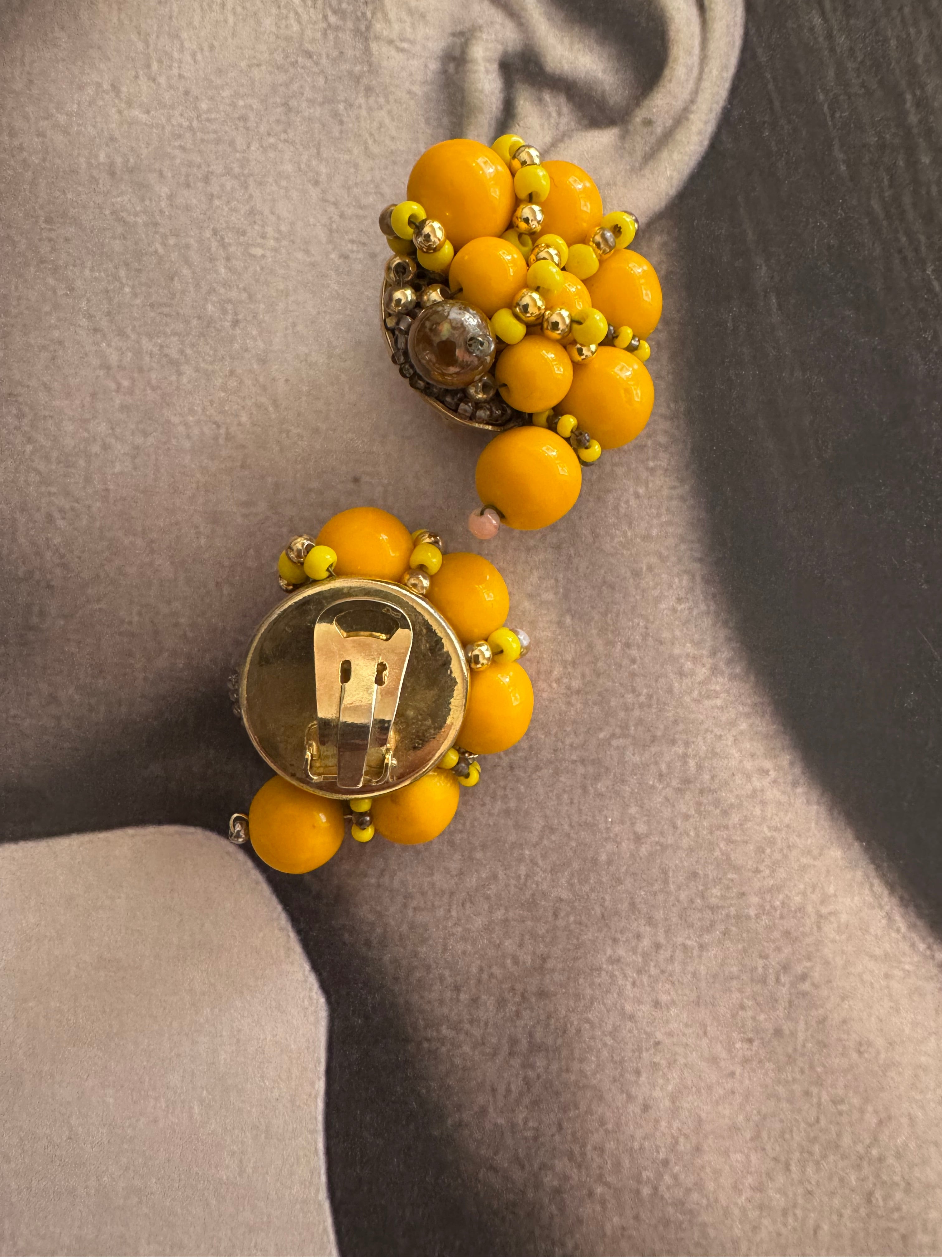 Vintage Yellow Beaded Cluster Clip Earrings