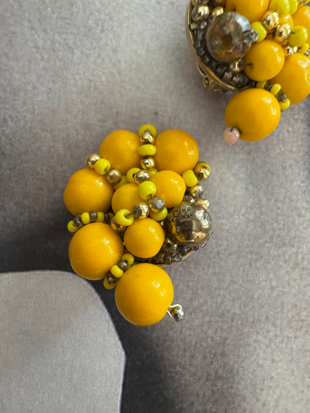 Vintage Yellow Beaded Cluster Clip Earrings
