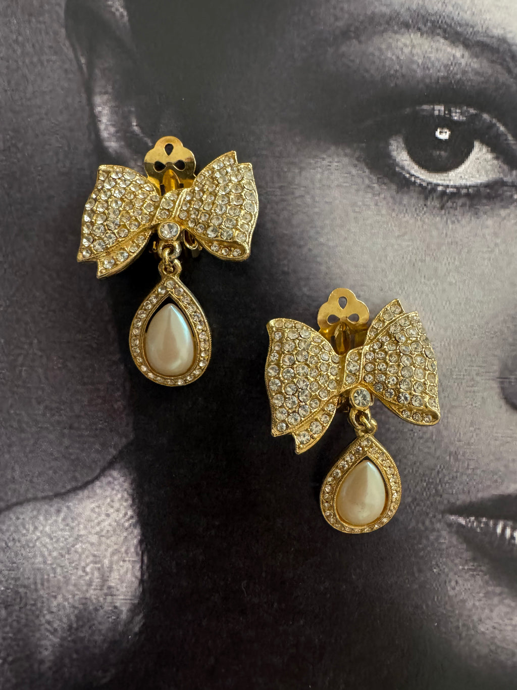 Vintage Rhinestone Bow Drop Earrings