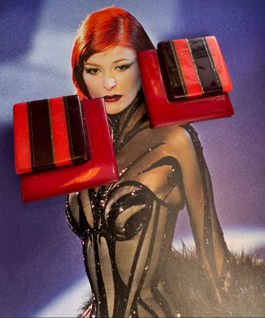 Vintage Art Deco Geometric Red & Black Clip-On Earrings