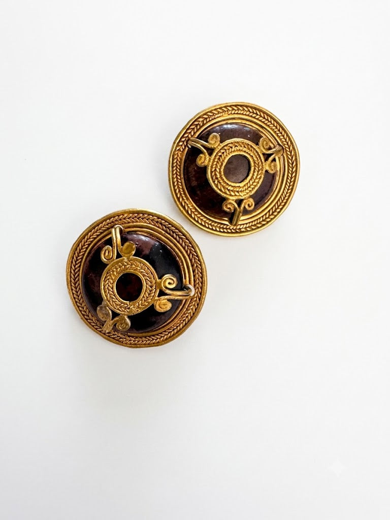 Vintage Etruscan Revival Cabochon Disc Clip On Earrings