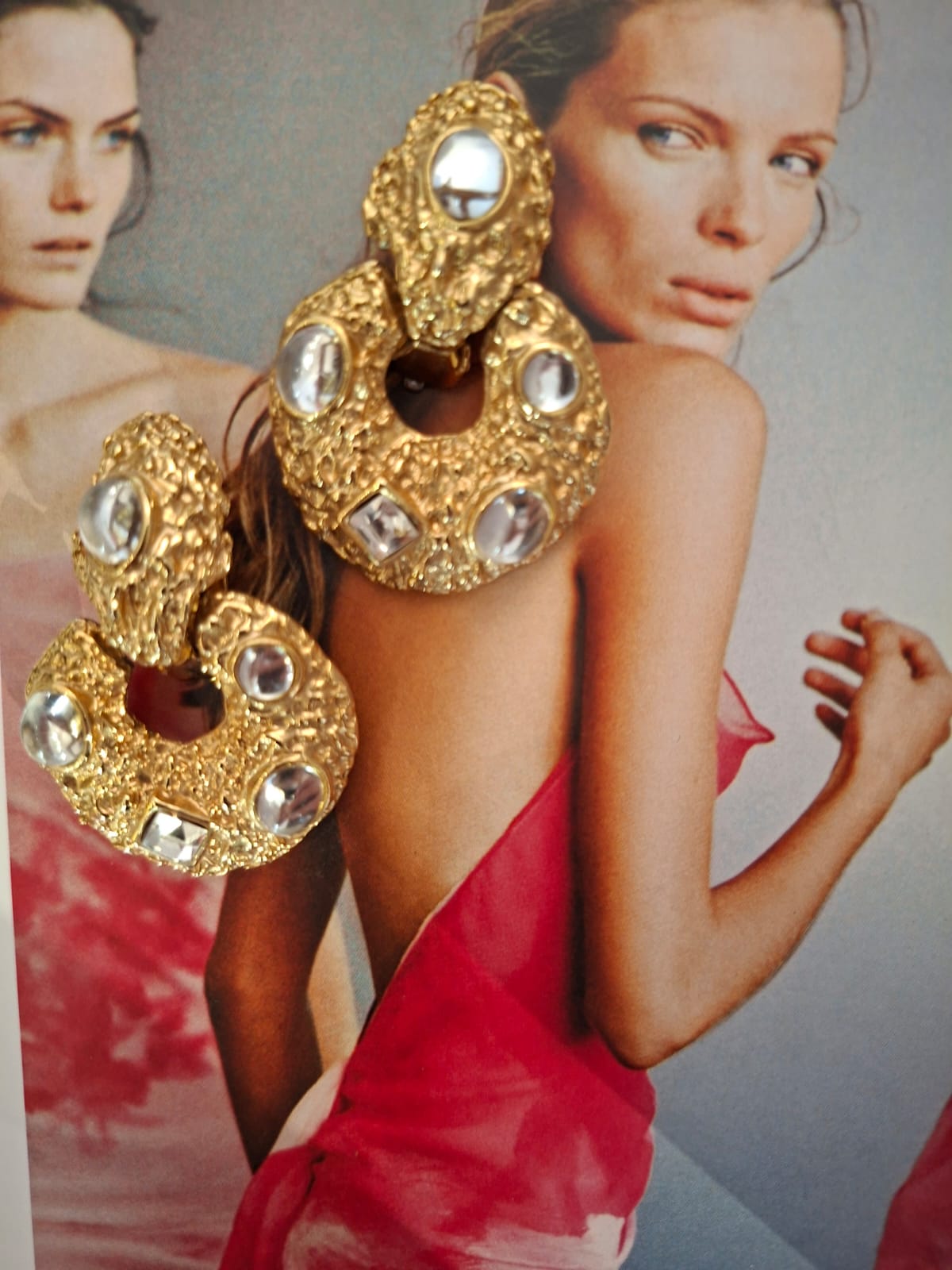 Vintage Gold Tone Jeweled Doorknocker Statement Earring